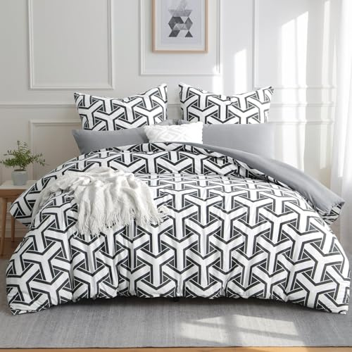 Aisbo Bettwäsche 200x220 3 teilig Bettdeckenbezug - Bettwäsche Set 220x200cm Geometrisch Grau Muster mit 2 Kissenbezügen 80x80 cm, Mikrofaser Bettbezug mit Reißverschluss, Bügelfrei und Weich