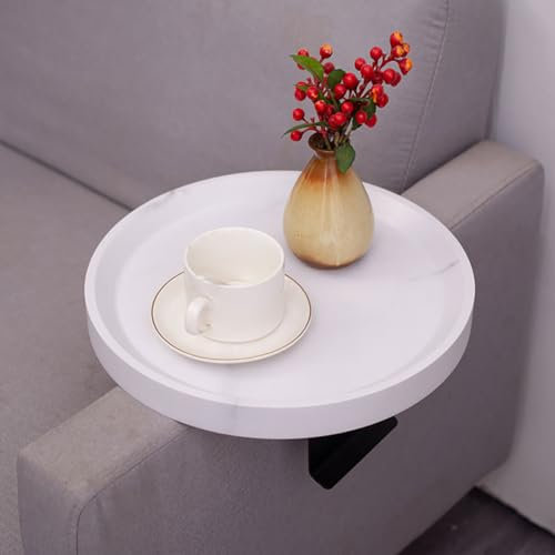 Sofa Arm Tablett Tisch Runde Form TV Tisch Beistelltisch für Zuhause Aufbewahrung und Dekoration Weiß Ideal für Getränke, Fast Food und Obst Familienfreundliches Design mit Armlehnenklemme