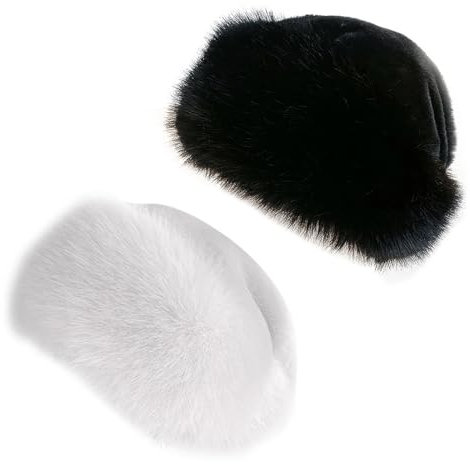 Asudaro 2/3 Stück Fellmütze Damen, Fellmütze Pelzmütze Damen Wintermütze Kunstpelz Fuchspelzmütze Plüsch Baskenmütze Schneemütze Warm Weich Stirnband Hut,Schwarz+Weiß