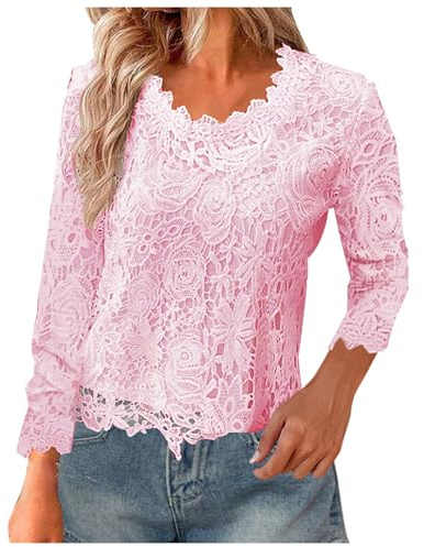 ANHATUIV Chemisier pour femme en dentelle au crochet - Chemise à manches 3/4 - Haut habillé à col rond - Uni - Coupe ample - Léger - Tunique élégante - Haut de mariage pour leggings de travail, rose,