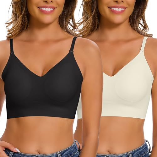 Yutdeng Soutien Gorge Dos Nu Invisible Brassière Push Up Soutien-Gorge sans Armature Femme Col en V Profond Soutien-Gorge à Bretelles Convertibles Dos Bas en U sans Couture,Noir+Beige,L