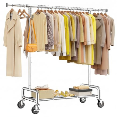 Raybee Heavy Duty Clothes Rack 75 Extra Wide, 450 LBS Clothing Rack with 4 Hooks, Lockable Wheels, Metal Garment Rack for Bedroom, Laundry Room, Commercial