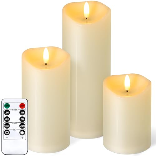 Outdoor Flameless Candles with Remote Timer - Waterproof Realistic Flickering LED Pillar Electric Battery Operated Fake Candle for Home Patio Wedding Fireplace Decor - Ivory 3 Pack (D3”H4”6”8”)