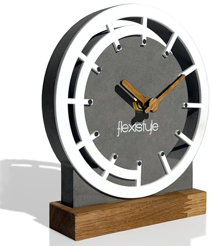 FLEXISTYLE Modern standuhr tischuhr klein aus Holz Eiche Wohnzimmer Badezimmer Uhr Holz tischuhren holzuhr Tisch Uhr tischuhr modern standuhr Clock grau Weiß (Style 7)