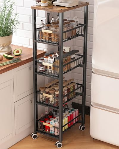 Ornestia Vegetable Rack with Wooden Top,5-tier kitchen Storage Trolley,Vegetable Trolley on Wheels for Kitchen, Pantry, Office (40cm*30cm*107cm -Black)