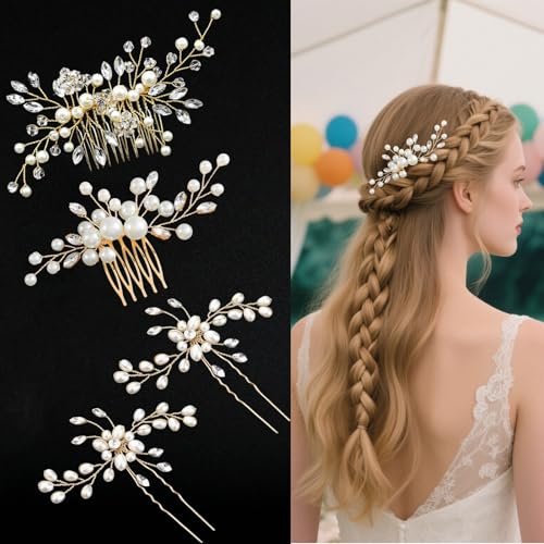 4 Stück Braut-Haarkamm mit Kristallperlen und Strass-Haarnadeln, seitlicher Haarkamm für die Braut, Hochzeits-Haarschmuck für Frauen, Brautjungfern