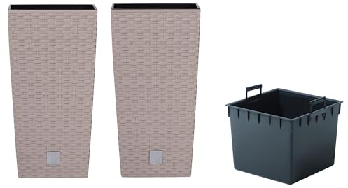 Dynamic24 2er Set 50cm Pflanzschale Rattan Optik mit herausnehmbaren Kunststoffeinsatz Innen Außen Blumentopf Übertopf Kübel Blumenkübel (Mocca)