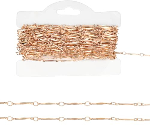 PH PandaHall 33ft Brass Bar Link Chain Unwelded Metal Bar Links Vintage Style Link Chains Central Flattened Jewellery Connectors for Bracelet Necklace Earring Making, Light Gold