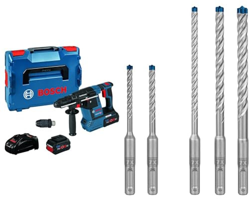 Bosch Professional 18V System Akku Bohrhammer GBH 18 V-26 F (inkl. 2x Akkus, Schnellladegerät, Schnellspannbohrfutter 13 mm) + 5x Expert SDS plus-7X Hammerbohrer Set (für Stahlbeton, Ø 5-10 mm)
