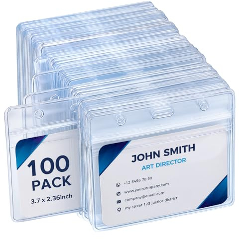 100 Pack Horizontal Badge Holders, Clear Waterproof Id Card Sleeves | Pvc Plastic, Resealable Zip Seal, 9.6 x 8 Cm, Scan Without Removing Card, For Id, Name Tags, Student And Work Cards