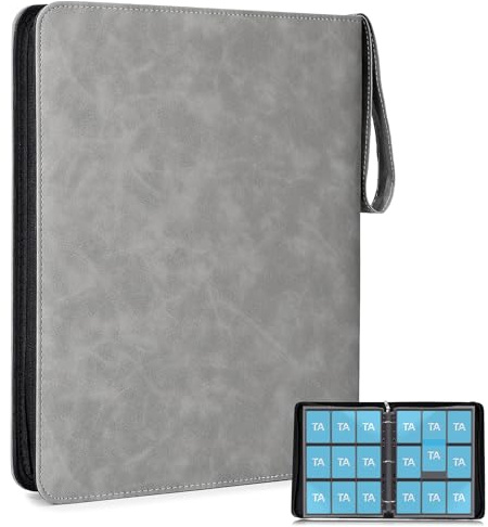 Tatxmalv 540 Pockets Album Card Holder, Waterproof Card Binder, Strap Design, 30 Pages with Zipper Collection Card Book, for Football, Baseball (Grey)