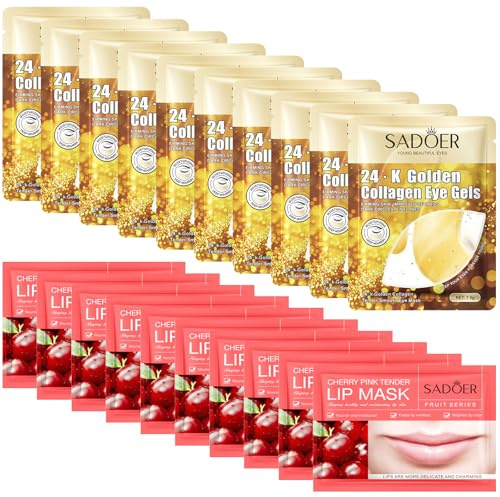 30 máscaras labiales y antifaz para ojos, almohadillas de gel de colágeno de gel de oro de 24 quilates, almohadillas para ojos de cereza para ojos hinchados, ojeras, regalos para despedidas de soltera