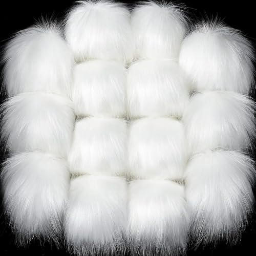 16 Stück Weib Kunstfell Pompon bommel für mütze - White Faux Fur Pom for Hats - 4.5 Inch,Fluffy, with Elastic Loop, DIY Fur Pompom Balls