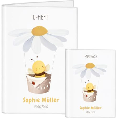 U-Heft & Impfpass Hülle Set personalisiert – Biene/Hummel im Gänseblümchen-Heißluftballon – Geschenk zur Geburt & Taufe – Baby Dokumentenmappe für Mädchen & Jungen – Handmade (Biene)