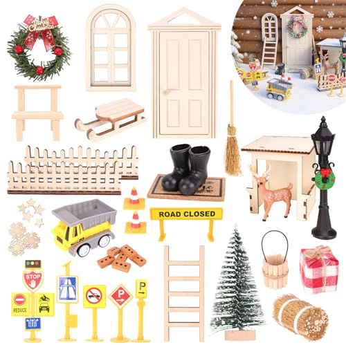 42 Stück Wichteltür Set, Wichtel Zubehör Weihnachten, Puppenhaus Tür Holz Komplett Set mit Miniatur Baustelle, Mini Zubehör für Elf mit Miniatur Feentür, Briefkasten, Stiefel, Zaun, Leiter