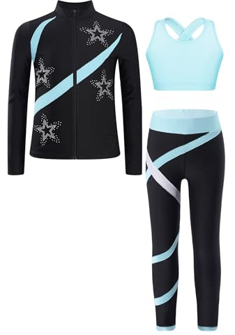 Sinleey Survêtement Fille 3 Pièces Ensemble de Sport Sweat Zippé avec Legging Pantalon et Tank Top Tenue Patinage Artistique Danse Gymnastique Bleu clair 11-12 ans