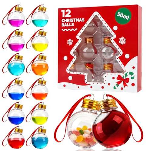 CIYIN 12 Bolas de Navidad para Rellenar, Bolas Navidad Personalizadas Transparentes de Plástico para Árbol, con Adhesivos de Copos de Nieve, Rellenables con Bebidas o Dulces, Regalo Ideal (50 ml)
