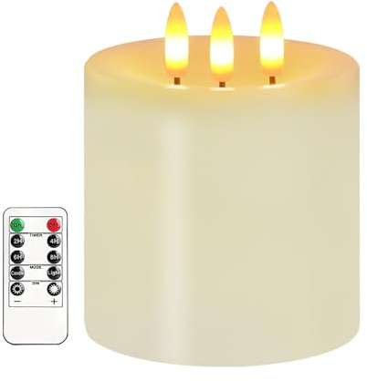 3 Docht Große Flammlose Kerzen, Batteriebetriebene Flackernde LED Kerzen mit Fernbedienung & Timer, Echte Wachs Weiße Säulenkerze für Weihnachten, Hochzeiten & Tagesdekoration, 10 x 10 cm (Creme) | Flackernd, Mit Fernbedienung & Timer, Echtes Wachs, Weiße Säulenkerze, 10 x 10 cm