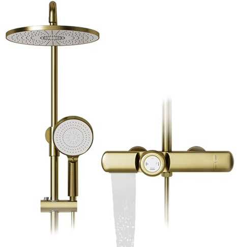 Duschsystem mit Thermostat Gebürstetes Gold, Regendusche mit Armatur, Duschsäuleset 3in1, 26cm Rund Regendusche, Auslauf Wasserfall, Handbrause mit 3 Funktionen, Höhenverstellbare Duschset