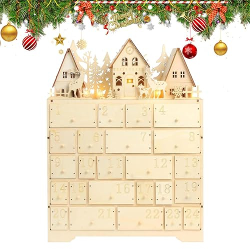 Calendrier De L'Avent Pour Noël Avec Compte À Rebours,Décoration De L Avent En Bois Pour Les Fêtes,Calendrier De L Avent En Bois Avec 24 Tiroirs | Pour Adultes, Famille, Elle, Lui, Femmes, Hommes, A
