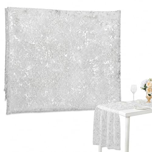 CQXSYTBN Tischläufer Tüll Weiß Silber 70x300 cm – Eleganter Glitzer Dekostoff für Hochzeit, Geburtstag & Festtafel, Luxuriöse Tischdeko mit Silberfolie, Geschenk zu Ostern & Karneval