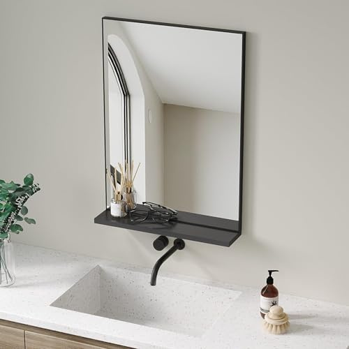 AQUALAVOS Wandspiegel mit Ablage 50x70 cm, Badspiegel & Hängespiegel in Schwarz mit Aluminiumrahmen, Industriedesign für Badezimmer, Wohnzimmer und Flur, ohne Beleuchtung, inkl. Befestigungsmaterial