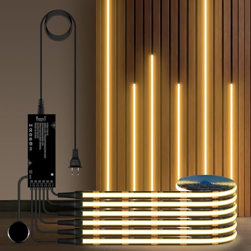 AIMENGTE COB LED Strip 1m, 6 Rollen 12V Warmweiß Akustikpaneele Schneidbar COB LED Streifen, with Berühren und Hand Sweep Dimmer Schalten, für Weinschränke, Regale, Schränke