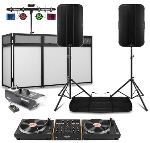 Vonyx Vinyl DJ Package with 2 Direct Drive Turntables, 4 Channel Rotary Mixer, DJ Booth, 15 Inch Active Speakers, Stands, ShowBar Light System and Fazer