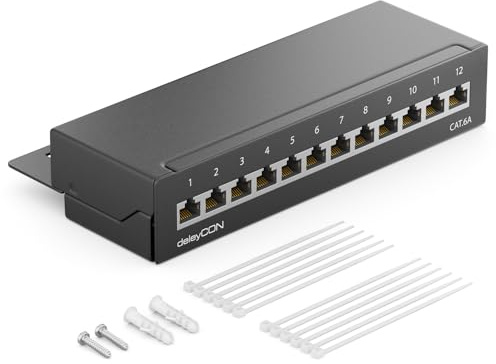 deleyCON CAT 6a Patchpanel Verteilerfeld 12 Port RJ45 - Schwarz | Desktop & Wandmontage, geschirmt, 12x RJ45 Buchse, TIA568A TIA568B