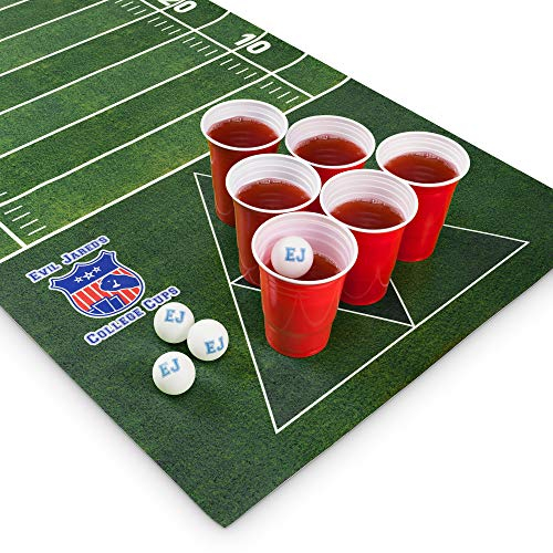 Evil Jared Beer Pong Matten Set | 180 x 60 cm Wasserfest und Reißfest | Inkl. 60 Red Cups + 4 Mini Shot Cups + 6 Ping Pong Bälle | American Football Design Trinkspiel