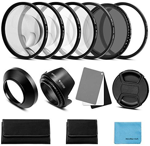 Fotover 67mm Objektiv Filter Kit:UV CPL-Polarisation Einstellbare ND Filter ND2-ND400 Nahlinsen Filter Set +1,+2,+4,+10 Gegenlichtblende Graukarte kompatibel DSLR Kamera