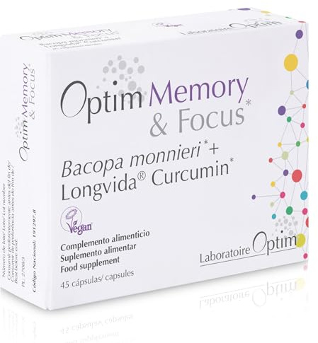 OPTIM Memory Bacopa Monnieri Brahmi et Curcumine Longvida, 45 Gélules | Complément mémoire et concentration pour le cerveau, les adultes et les étudiants, sans gluten et sans lactose