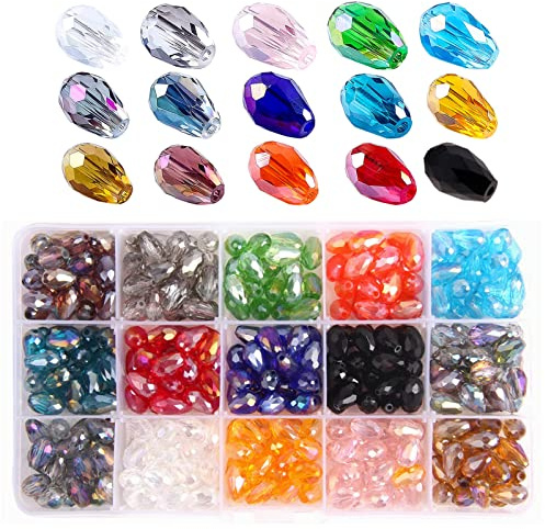 Colle Crystal Teardrop Glass Bead for Jewellery Making, 300pcs 8-10mm Crystal Beads for Bracelet Making, 15 Colors Glass Beads for Bracelets Necklace Making,DIY Craft Kit for Adult use