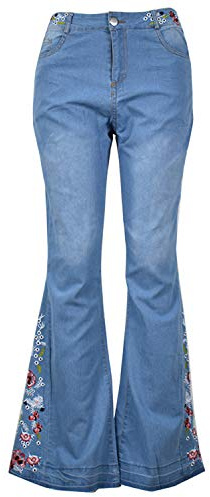 Jeans évasé pour Femme - Pantalon en Jean délavé avec Broderie Florale - Bleu - 40