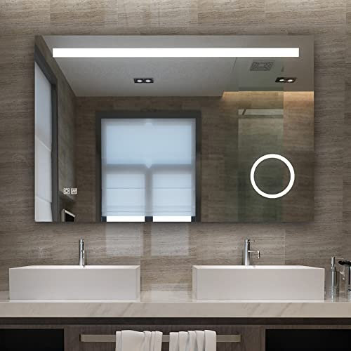 LISA Badspiegel 60x80cm mit Beleuchtung LED Badezimmer Wandspiegel kaltweiß Lichtspiegel mit 3-Fach Vergrößerung Knopfschalter Beschlagfrei Uhr A++