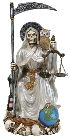 Ebros Gift 9 Tall Bone Mother Holy Death White Tunic Robe Santa Muerte with Scythe and Scales Sitting On Throne Statue Day of The Dead Patron of Purity and Protection