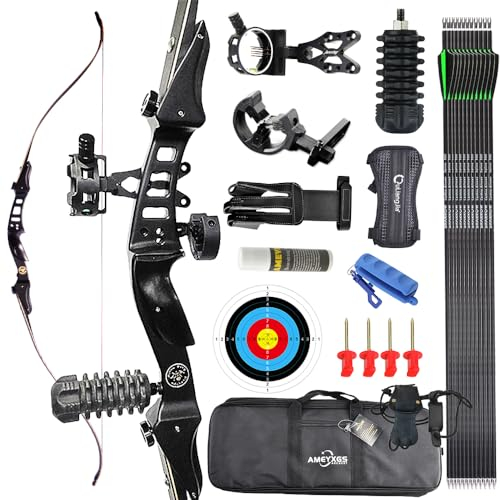 AMEYXGS 60” Bogenschießen Takedown Recurve Bogen und Pfeil Set 20-50 lbs Langbogen ILF Bogen Gliedmaßen Sportbogen Jagdbogen Außenaufnahmen Ziel Übung Rechtshänder (Bögen + Zubehör, 20lbs)
