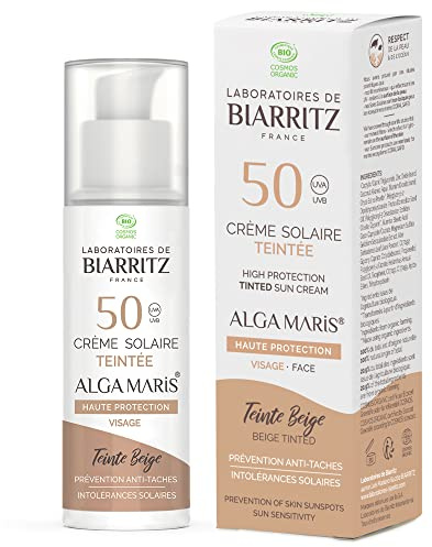 Laboratoires de Biarritz Crème Solaire Teintée SPF50 Beige 50 ml | Visage, Unifie le Teint et Prévient l'Apparition de Taches, Certifiée Bio, Fabriquée en France