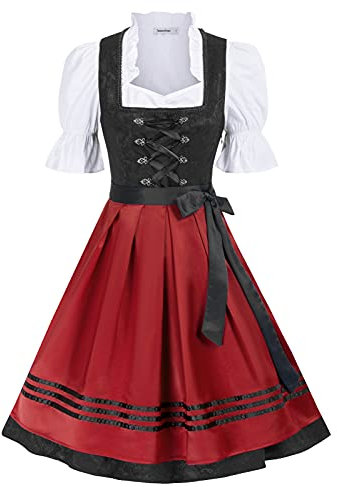 JASAMBAC Costume Oktoberfest pour femme 3 pièces - Robe Dirndl bavaroise allemande pour fille de la bière, noir+rouge, L