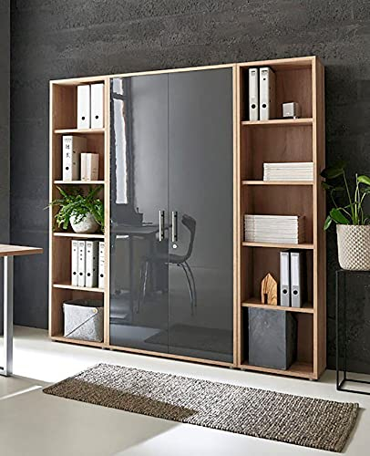 Schrankwand Office Edition abschliessbarer Aktenschrank Büroschrank Büromöbel Regal in Eiche Sonoma/Anthrazit Hochglanz (Set 3)