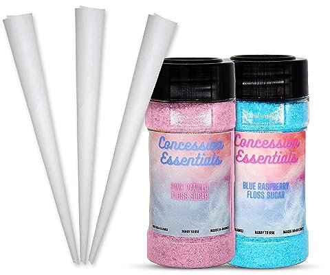 Perfectware 16oz Jars of Cotton Candy Floss Sugar with 100ct Cotton Candy Cones Included -(1 of Each Flavor 32oz's Total)