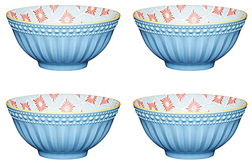 KitchenCraft Set of 4 Glazed Stoneware Bowls with Embossed Diamond Pattern, Red & Blue Ceramic Bowls with Footed Base, Microwave & Dishwasher Safe, 15.7 cm (6)
