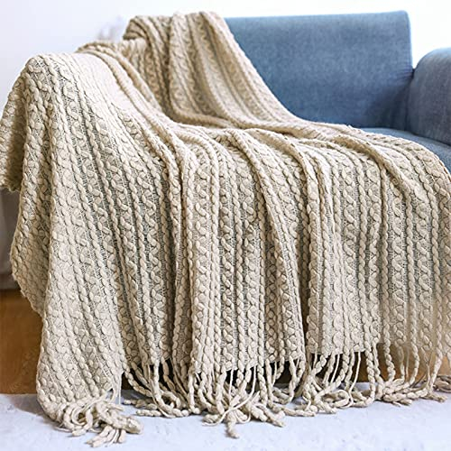 Zoomlie Acryl-Strickdecke mit Fransen, Quasten, grau, schlicht, modisch, einfarbig, Textur, luxuriöse Decke für Sofas, Couch, Stühle, Reise, Sofa, Bett, Khaki, 127 x 152 cm + 15 cm Quaste)