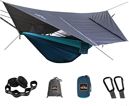AnorTrek Camping-Hängematte mit Moskitonetz und Regenfliegenplane, tragbare Doppelhängematte mit Zwei Baumgurten, 210T Nylon-Hängematte und wasserdichtem Regenfliegen-Set für Wandern, (blau)