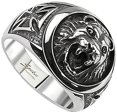 Taffstyle Herren Ring Edelstahl Massiv Breit Herrenring Männer Biker Rocker 3D Löwenkopf Cross Kreuz Löwe König Siegelring Silber Größe 64 (20.4)