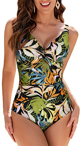 WIN.MAX Maillots de Bain Une pièce pour Femmes col en V Ventre contrôle Maillot de Bain Push Up ruché Monokini Maillots de Bain, pour Cupule D à G(Feuilles Tropicales,EU44)
