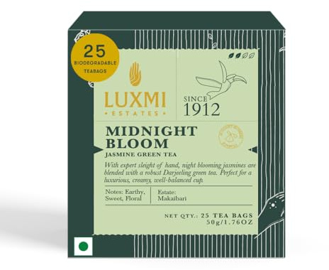Luxmi Estates Midnight Bloom Jasmine Darjeeling Green Tea | 25 Biodegradable Tea Bags, 50g/1.76 oz