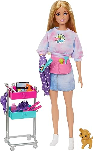 Barbie Stylist Doll & 14 Accessories, Blonde Barbie 'Malibu' Fashion Doll On-set with Cart, Smock, Makeup Palette, Pet Puppy & More, HNK95