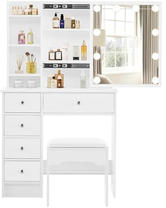 LEMROE Hollywood Dressing Table Set with Adjustable LED Lights, Vanity Makeup Table with Sliding Mirror and Stool for Girls Women Bedroom, 7 Shelves & 5 Drawers, White