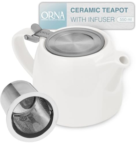 ORNA Keramik Teekanne mit Siebeinsatz 550 ml – Kleine Teekanne für losen Tee – 0.5L Teapot mit Teesieb für 2 Tassen – Stumpf Teekannen mit Filter (Weiß)